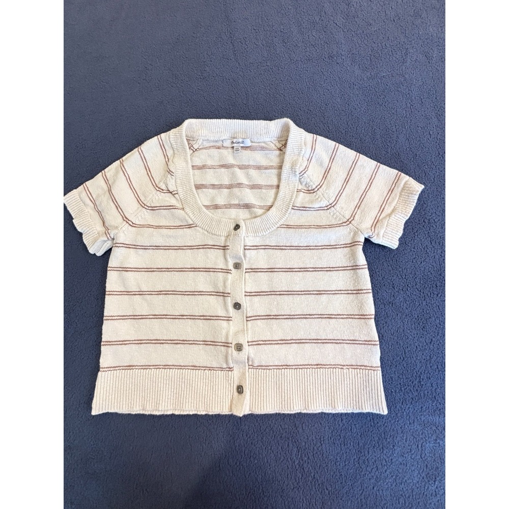 Madewell Cropped Linden Sweater Striped Womens 2XS Beige Scoop Neck Button Front